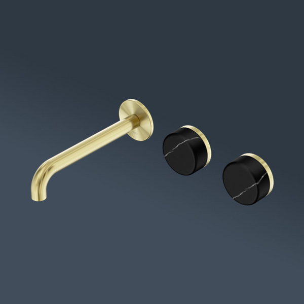 Nero Serenity Wall Basin Set 220mm Offset Spout With Marquina Black Handle Brushed Gold