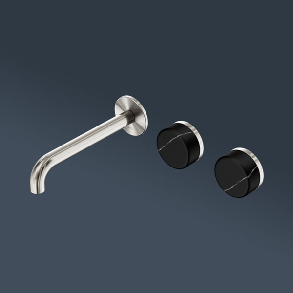 Nero Serenity Wall Basin Set 220mm Offset Spout With Marquina Black Handle Brushed Nickel