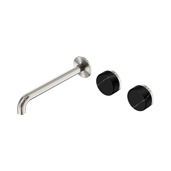 Nero Serenity Wall Basin Set 220mm Offset Spout With Marquina Black Handle Brushed Nickel