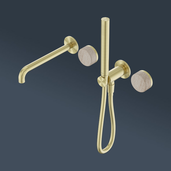 Nero Serenity Progressive Shower System With Spout With Rome Travertine Handle And Slim Shower Brushed Gold