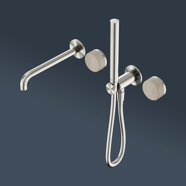 Nero Serenity Progressive Shower System With Spout With Rome Travertine Handle And Slim Shower Brushed Nickel
