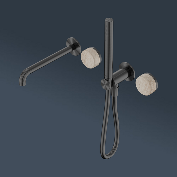 Nero Serenity Progressive Shower System With Spout With Rome Travertine Handle And Slim Shower Gunmetal