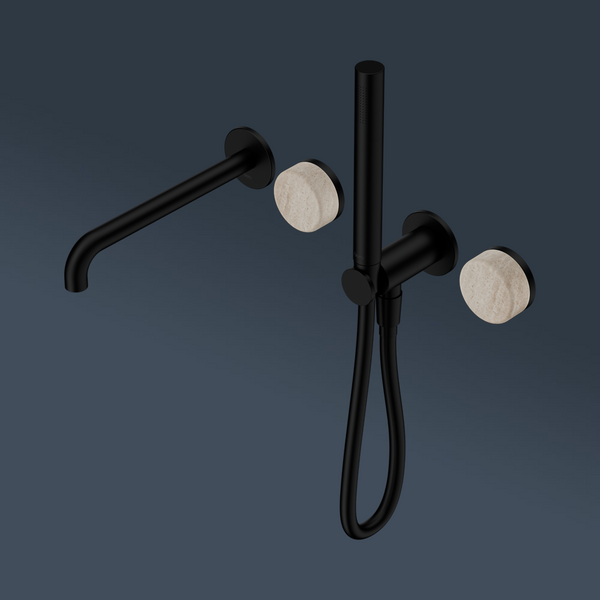 Nero Serenity Progressive Shower System With Spout With Rome Travertine Handle And Slim Shower Matte Black