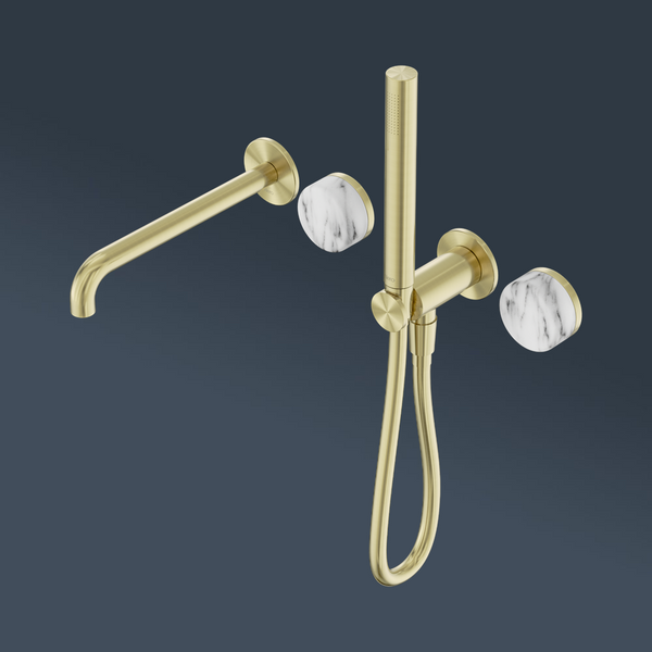 Nero Serenity Progressive Shower System With Spout With Arabescato Corchia Handle And Slim Shower Brushed Gold