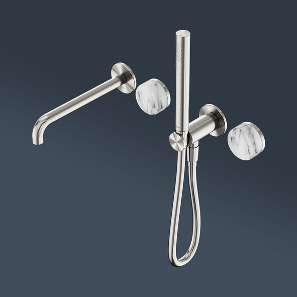 Nero Serenity Progressive Shower System With Spout With Arabescato Corchia Handle And Slim Shower Brushed Nickel