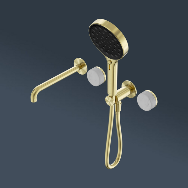 Nero Serenity Progressive Shower System With Spout With Carrara Handle And Serenity Hand Shower Brushed Gold