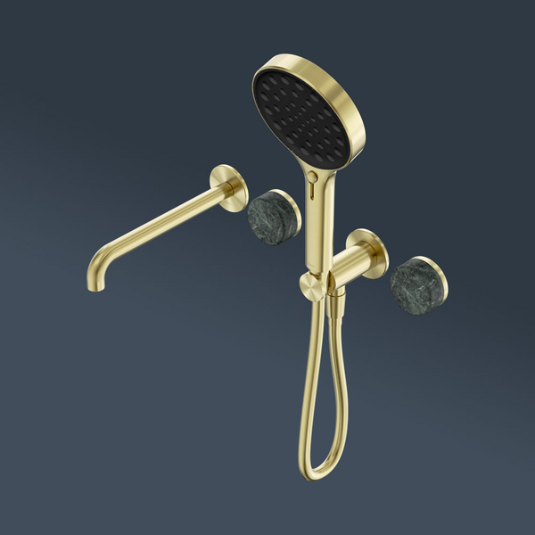 Nero Serenity Progressive Shower System With Spout With Verde Alpi Handle And Serenity Hand Shower Brushed Gold