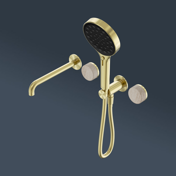 Nero Serenity Progressive Shower System With Spout With Rome Travertine Handle And Serenity Hand Shower Brushed Gold