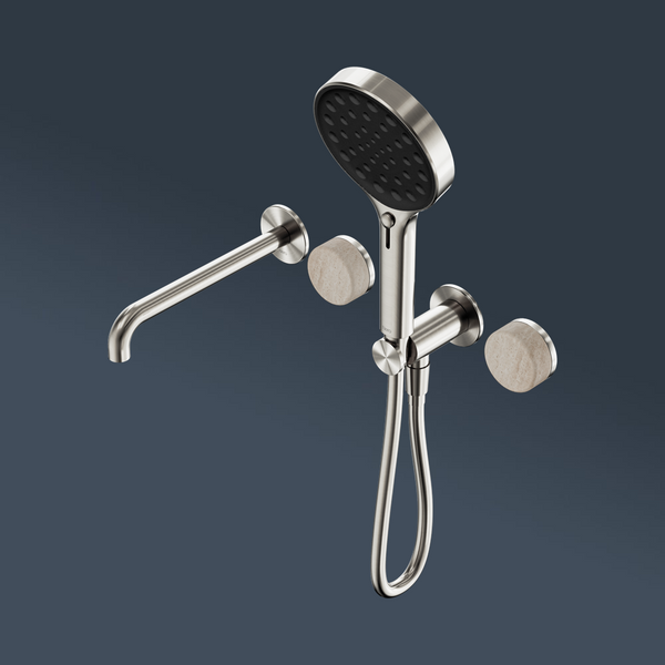 Nero Serenity Progressive Shower System With Spout With Rome Travertine Handle And Serenity Hand Shower Brushed Nickel