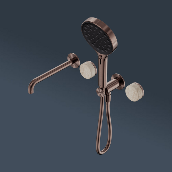 Nero Serenity Progressive Shower System With Spout With Rome Travertine Handle And Serenity Hand Shower Brushed Bronze