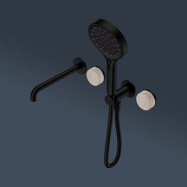 Nero Serenity Progressive Shower System With Spout With Rome Travertine Handle And Serenity Hand Shower Matte Black