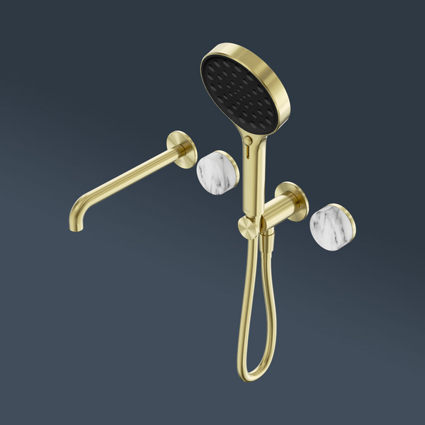 Nero Serenity Progressive Shower System With Spout With Arabescato Corchia Handle And Serenity Hand Shower Brushed Gold