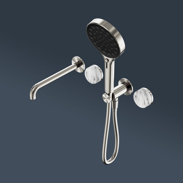 Nero Serenity Progressive Shower System With Spout With Arabescato Corchia Handle And Serenity Hand Shower Brushed Nickel