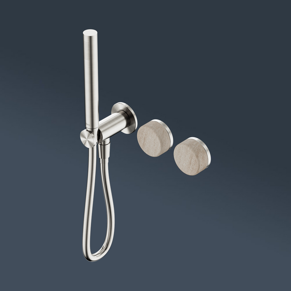 Nero Serenity Progressive Shower System With Rome Travertine Handle And Slim Shower Brushed Nickel