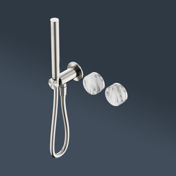 Nero Serenity Progressive Shower System With Arabescato Corchia Handle And Slim Shower Brushed Nickel