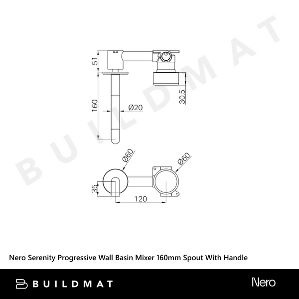 Nero Serenity Progressive Wall Basin Mixer 160mm Spout With Verde Alpi Handle Brushed Bronze