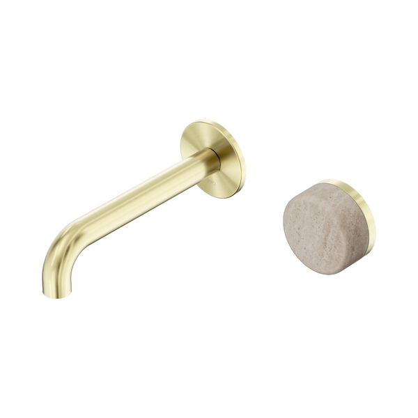 Nero Serenity Progressive Wall Basin Mixer 160mm Spout With Rome Travertine Handle Brushed Gold