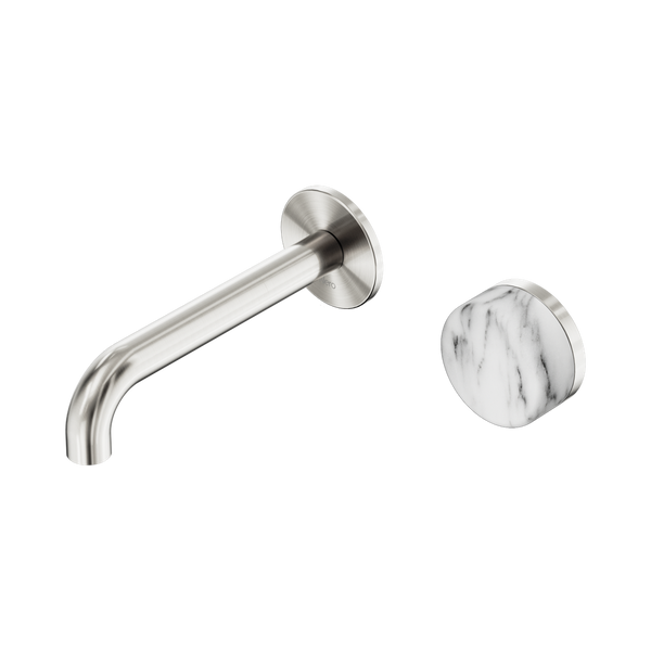 Nero Serenity Progressive Wall Basin Mixer 160mm Spout With Arabescato Corchia Handle Brushed Nickel