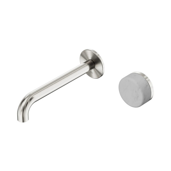 Nero Serenity Progressive Wall Basin Mixer 185mm Spout With Carrara Handle Brushed Nickel