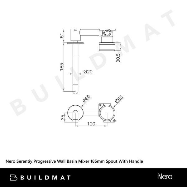 Nero Serenity Progressive Wall Basin Mixer 185mm Spout With Rome Travertine Handle Gunmetal