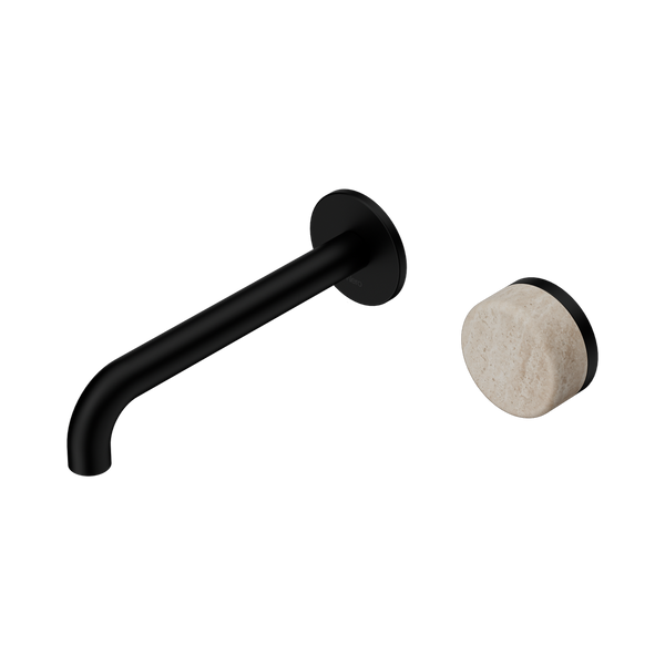 Nero Serenity Progressive Wall Basin Mixer 185mm Spout With Rome Travertine Handle Matte Black