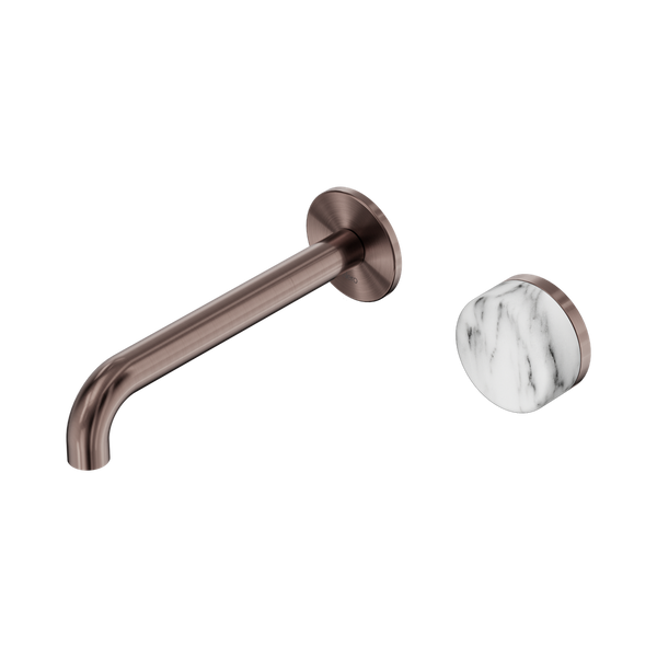 Nero Serenity Progressive Wall Basin Mixer 185mm Spout With Arabescato Corchia Handle Brushed Bronze