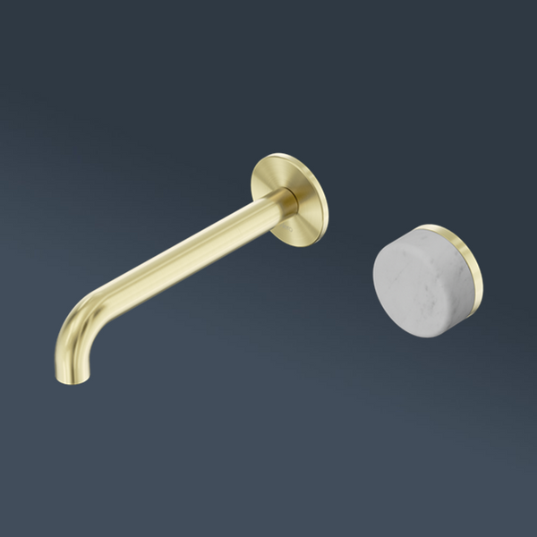 Nero Serenity Progressive Wall Basin Mixer 220mm Spout With Carrara Handle Brushed Gold
