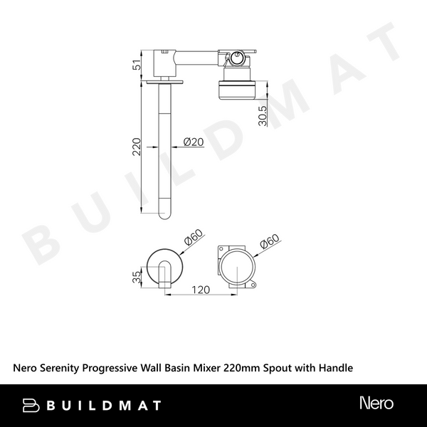 Nero Serenity Progressive Wall Basin Mixer 220mm Spout With Carrara Handle Gunmetal