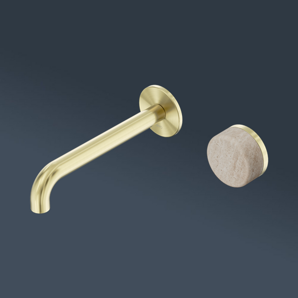 Nero Serenity Progressive Wall Basin Mixer 220mm Spout With Rome Travertine Handle Brushed Gold