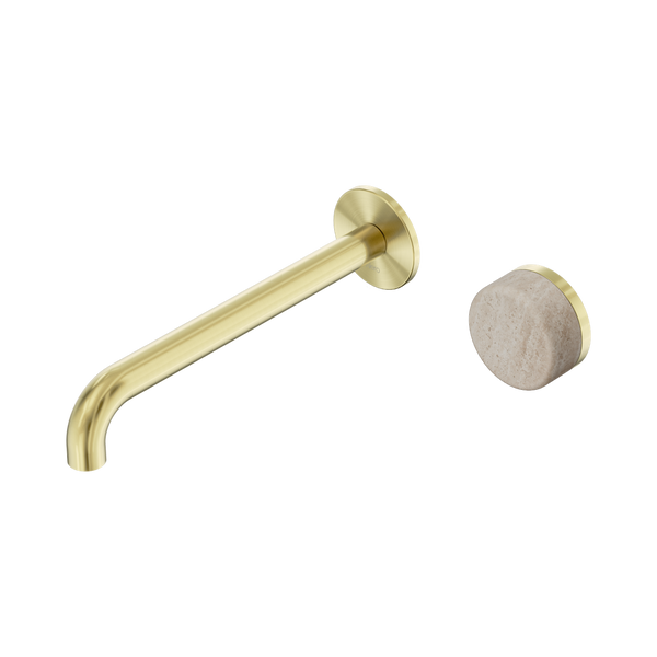 Nero Serenity Progressive Wall Basin Mixer 220mm Spout With Rome Travertine Handle Brushed Gold