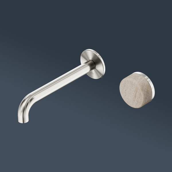 Nero Serenity Progressive Wall Basin Mixer 220mm Spout With Rome Travertine Handle Brushed Nickel