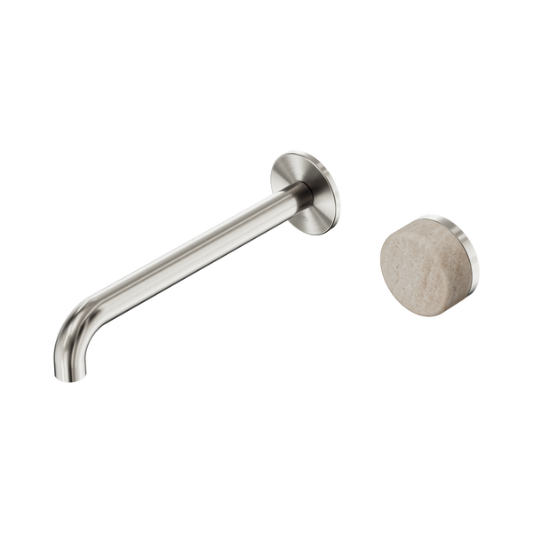 Nero Serenity Progressive Wall Basin Mixer 220mm Spout With Rome Travertine Handle Brushed Nickel