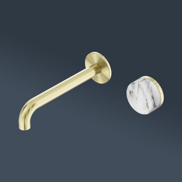 Nero Serenity Progressive Wall Basin Mixer 220mm Spout With Arabescato Corchia Handle Brushed Gold