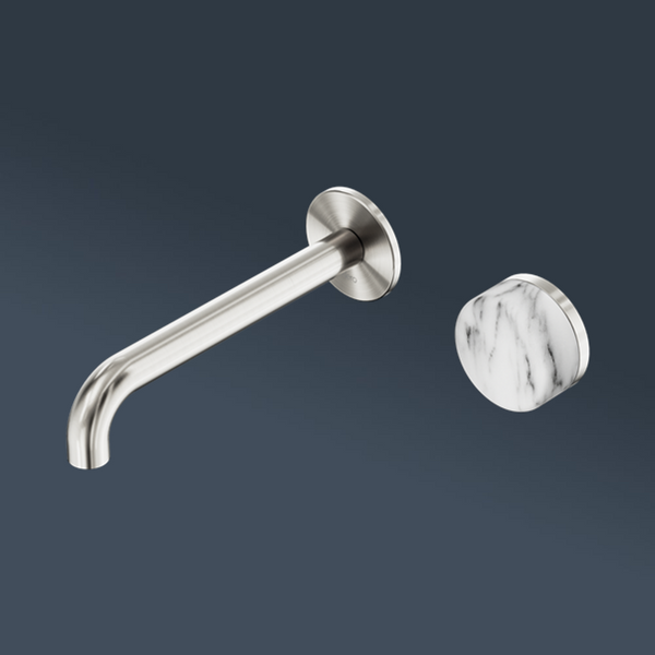 Nero Serenity Progressive Wall Basin Mixer 220mm Spout With Arabescato Corchia Handle Brushed Nickel