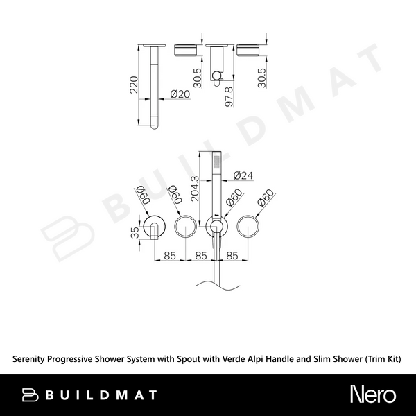 Nero Serenity Progressive Shower System with Spout with Verde Alpi Handle and Slim Shower (Trim Kit Only) Brushed Gold