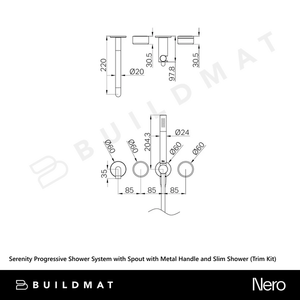 Nero Serenity Progressive Shower System with Spout with Metal Handle and Slim Shower (Trim Kit Only) Brushed Gold