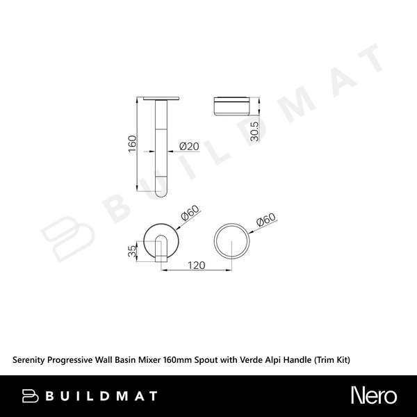 Nero Serenity Progressive Wall Basin Mixer 160mm Spout with Verde Alpi Handle (Trim Kit Only) Matte Black