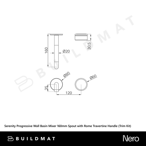 Nero Serenity Progressive Wall Basin Mixer 160mm Spout with Rome Travertine Handle (Trim Kit Only) Chrome