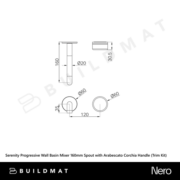 Nero Serenity Progressive Wall Basin Mixer 160mm Spout with Arabescato Corchia Handle (Trim Kit Only) Matte Black