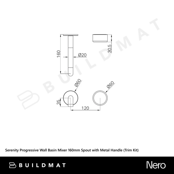 Nero Serenity Progressive Wall Basin Mixer 160mm Spout with Metal Handle (Trim Kit Only) Brushed Gold