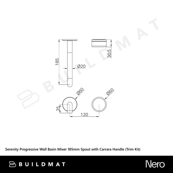 Nero Serenity Progressive Wall Basin Mixer 185mm Spout with Carrara Handle (Trim Kit Only) Matte Black