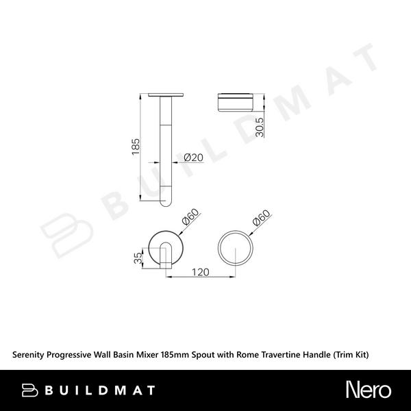 Nero Serenity Progressive Wall Basin Mixer 185mm Spout with Rome Travertine Handle (Trim Kit Only) Matte Black
