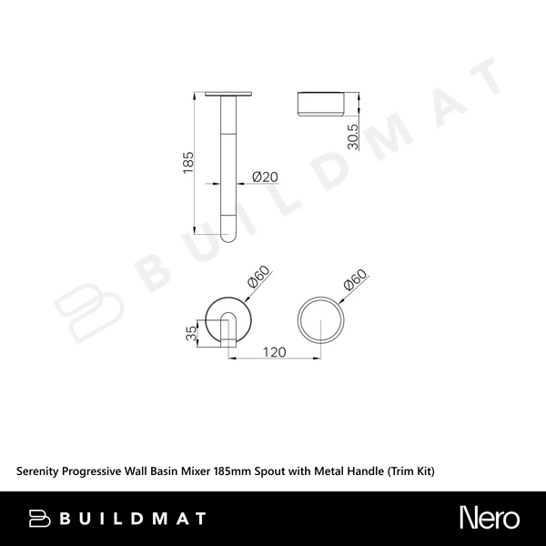 Nero Serenity Progressive Wall Basin Mixer 185mm Spout with Metal Handle (Trim Kit Only) Matte Black