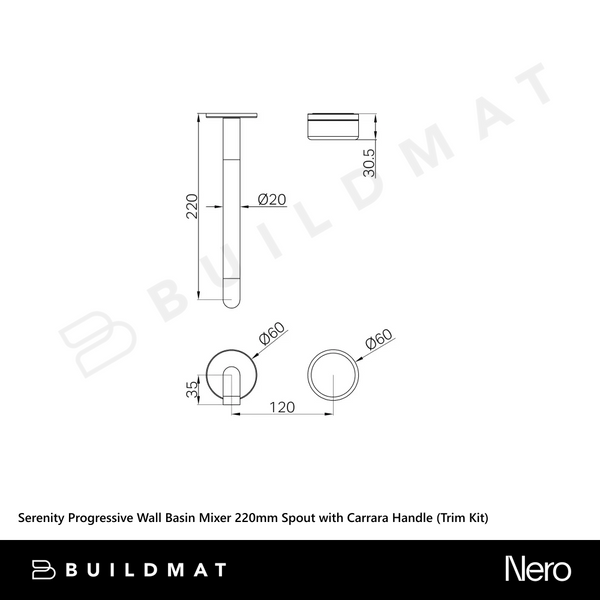 Nero Serenity Progressive Wall Basin Mixer 220mm Spout with Carrara Handle (Trim Kit Only) Brushed Nickel