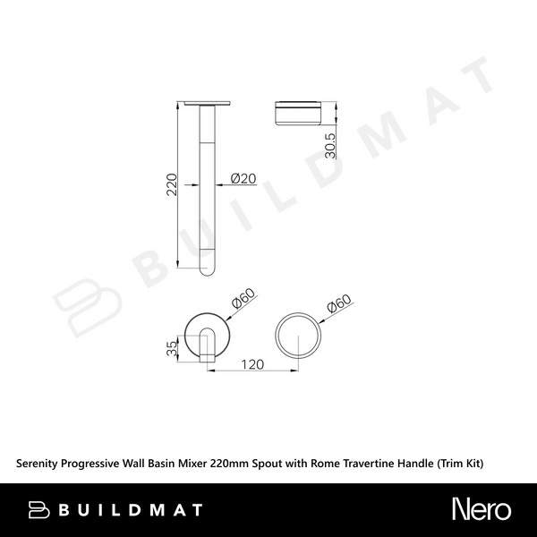 Nero Serenity Progressive Wall Basin Mixer 220mm Spout with Rome Travertine Handle (Trim Kit Only) Brushed Bronze