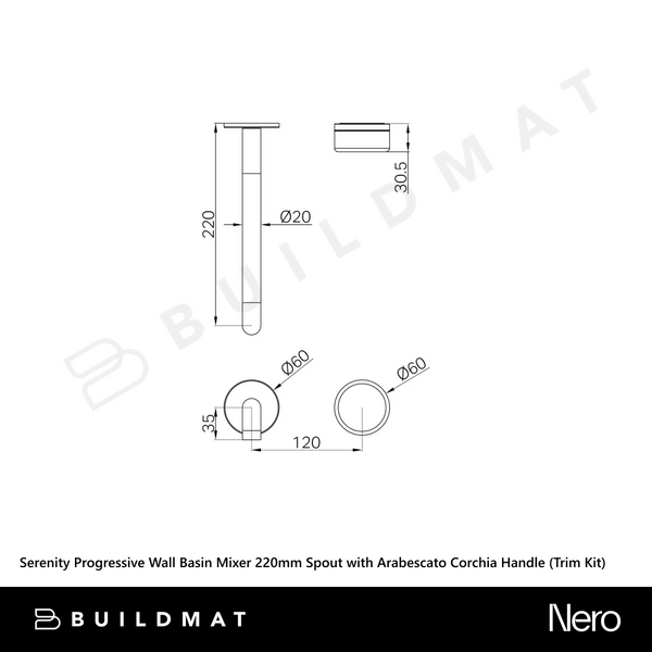 Nero Serenity Progressive Wall Basin Mixer 220mm Spout with Arabescato Corchia Handle (Trim Kit Only) Brushed Gold