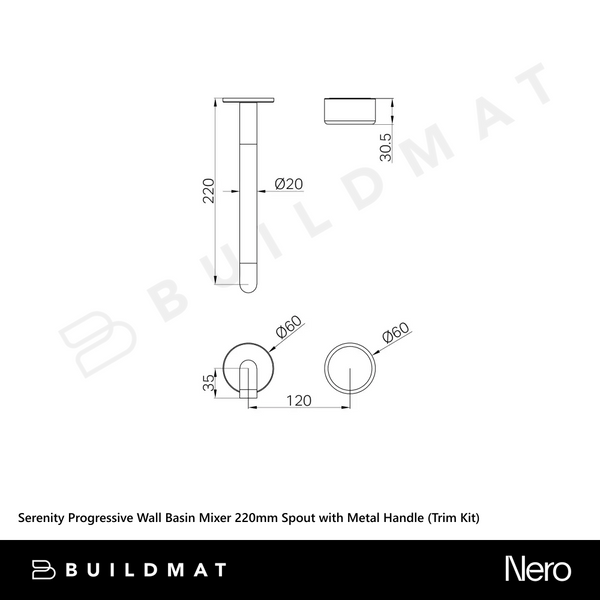 Nero Serenity Progressive Wall Basin Mixer 220mm Spout with Metal Handle (Trim Kit Only) Brushed Gold