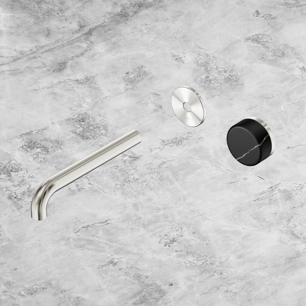 Nero Serenity Progressive Wall Basin Mixer 185mm Spout with Marquina Black Handle (Trim Kit Only) Brushed Nickel