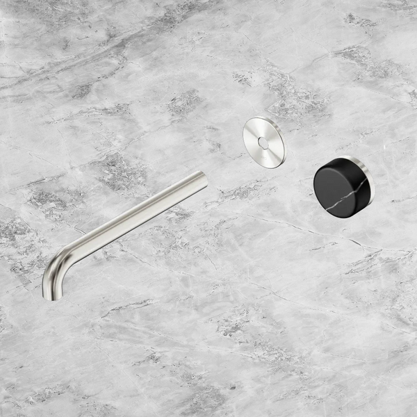 Nero Serenity Progressive Wall Basin Mixer 220mm Spout with Marquina Black Handle (Trim Kit Only) Brushed Nickel