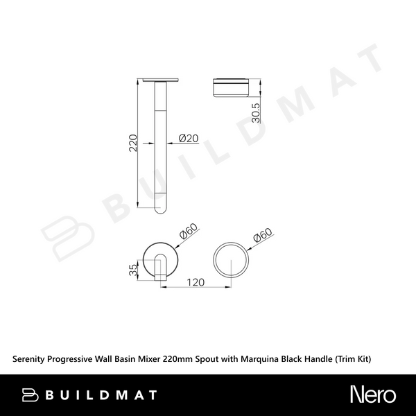 Nero Serenity Progressive Wall Basin Mixer 220mm Spout with Marquina Black Handle (Trim Kit Only) Chrome
